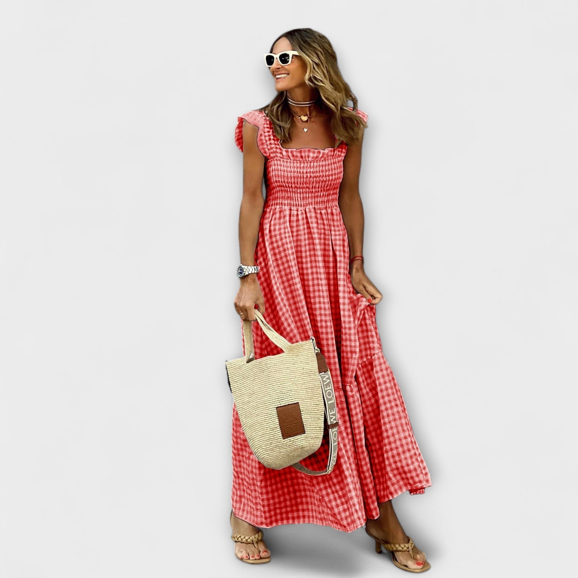 Kárované maxikleid s volánovými rukávmi