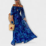 Juniper - Kvetinové off-shoulder smockované maxikabát pre dovolenku