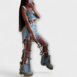 Gaia - Štýlový svetlomodrý denimový crop top s detailmi na ramienkach a roztrhnutými šortkami