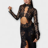 Azalea - Polnočná elegancia transparentné vykrojené dlhé šaty s elastanom
