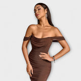 Ione - Šaty Bodycon s odhalenými ramenami a riasením