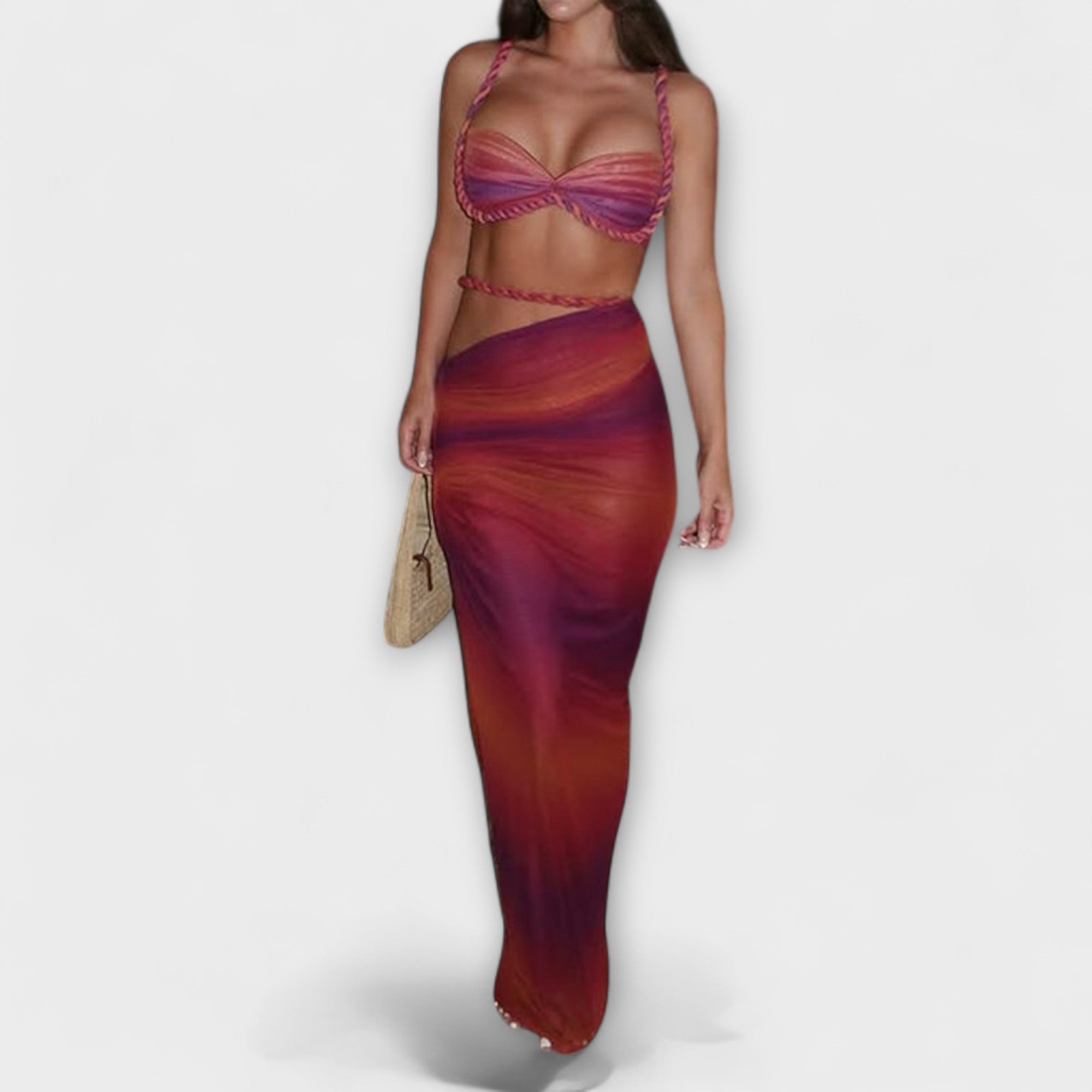 Jane - Štýlový gradient vrkoč crop top a overskirt duo