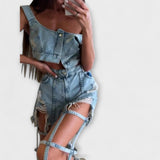 Gaia - Štýlový svetlomodrý denimový crop top s detailmi na ramienkach a roztrhnutými šortkami
